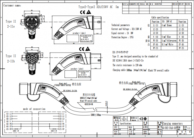 ANS 32A Type 2 To Type 2 EV Charging Cable with TPU Materials Waterproof IP55 1