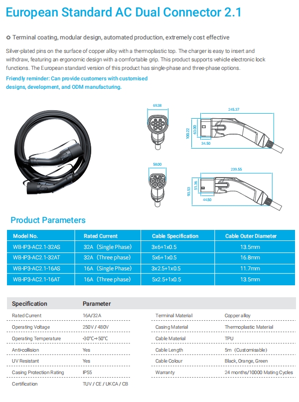 EV car charger plug OEM Type2 to Type2 16A-32A EV charging Cables TUV CE Certified TPU material, IP55 waterproof 0